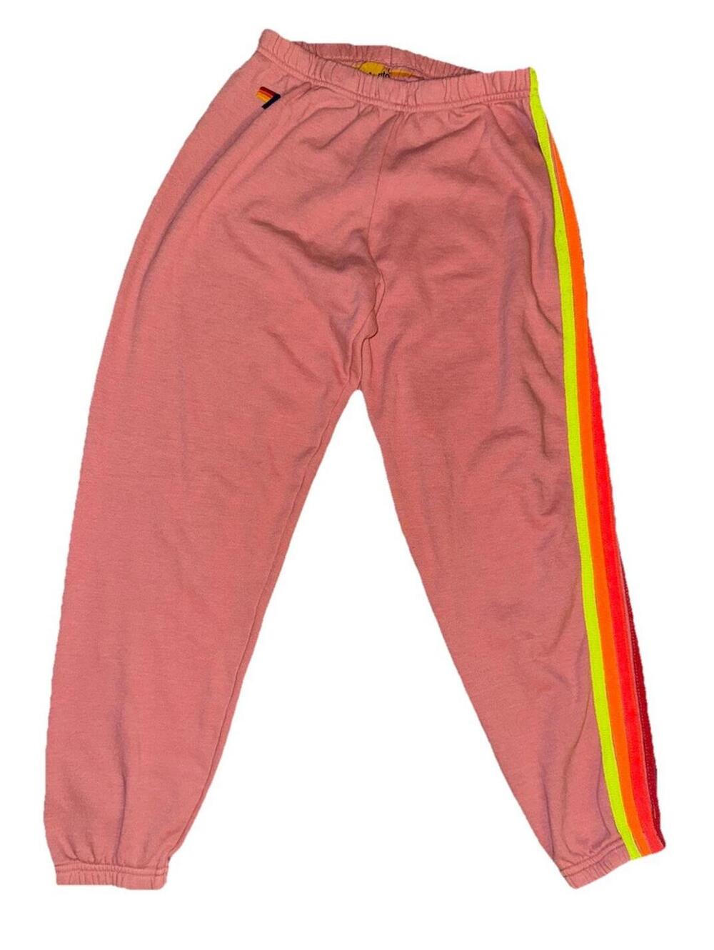 Aviator Nation womens pink 5 Stripe Sweatpants sz Large Neon Rainbow boho